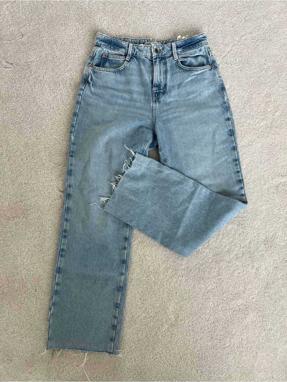 Zara Washed Blue Straight Leg Jeans with Raw Hem